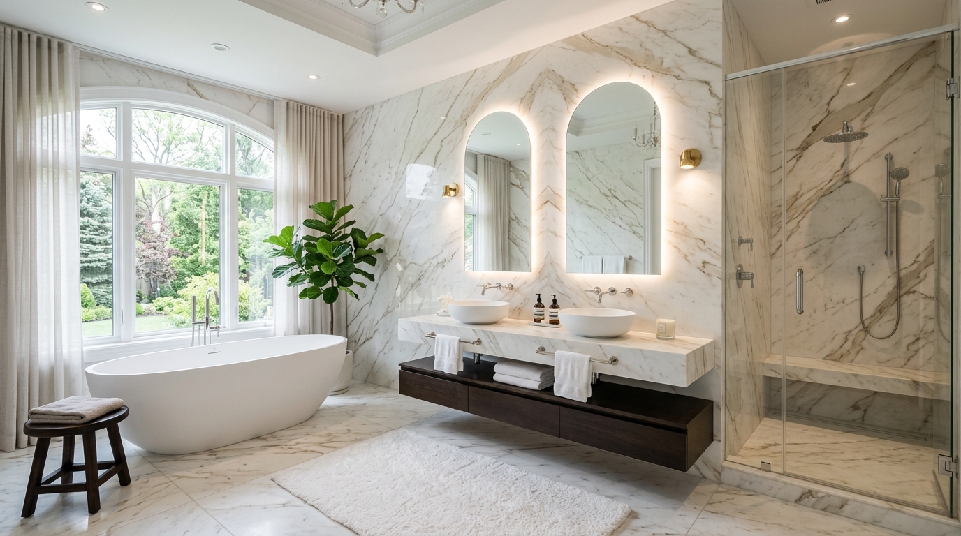 Spa-Style Master Bathroom with Marble & Soaking Tub